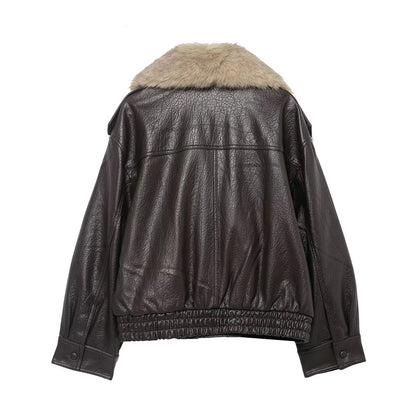 TFMLN 2025 Winter Women Loose Faux Leather Jacket Fashion Removed Big Fur Collar Causal Coat High Street Double Breasted Outwear