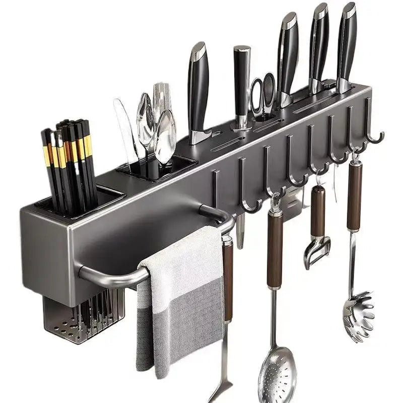 Wall-Mounted Kitchen Storage Rack – Steel Organizer for Knives, Chopsticks & Utensils