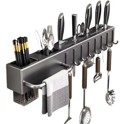 Wall-Mounted Kitchen Storage Rack – Steel Organizer for Knives, Chopsticks & Utensils