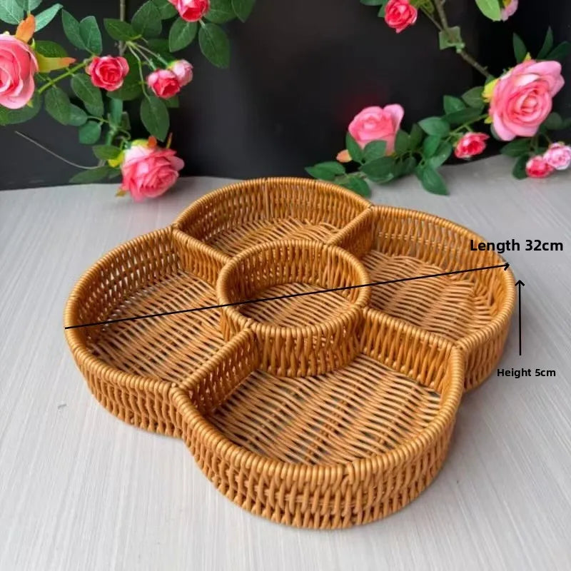 Divided Imitation Rattan Snack Basket Handwoven Serving Tray Boho Rustic Organizer For Home Party Hotel Kitchen Table Decor