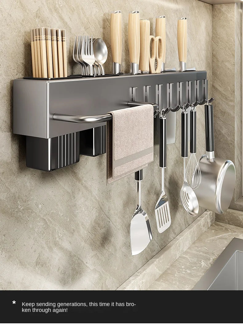Wall-Mounted Kitchen Storage Rack – Steel Organizer for Knives, Chopsticks & Utensils