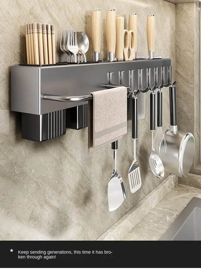 Wall-Mounted Kitchen Storage Rack – Steel Organizer for Knives, Chopsticks & Utensils