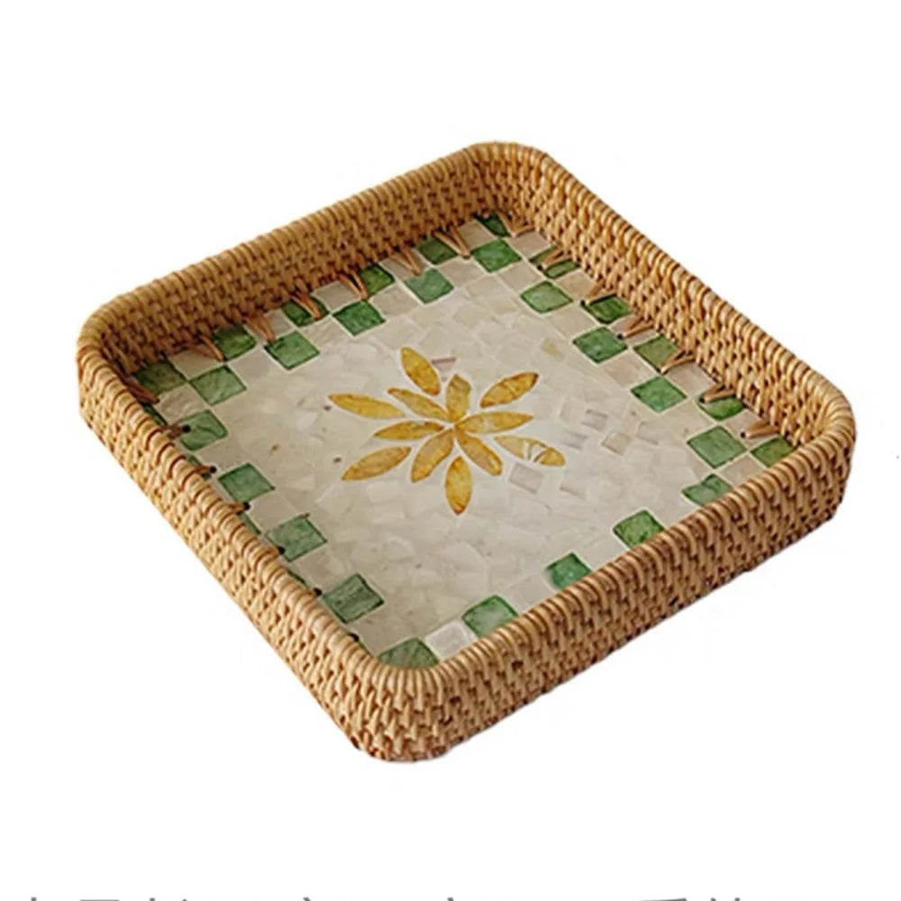 Hand Woven Splicing Shell Rattan Basket Rattan Weaving Colorful Weaving Fruit Basket Household Decorative Rattan Shell Tray