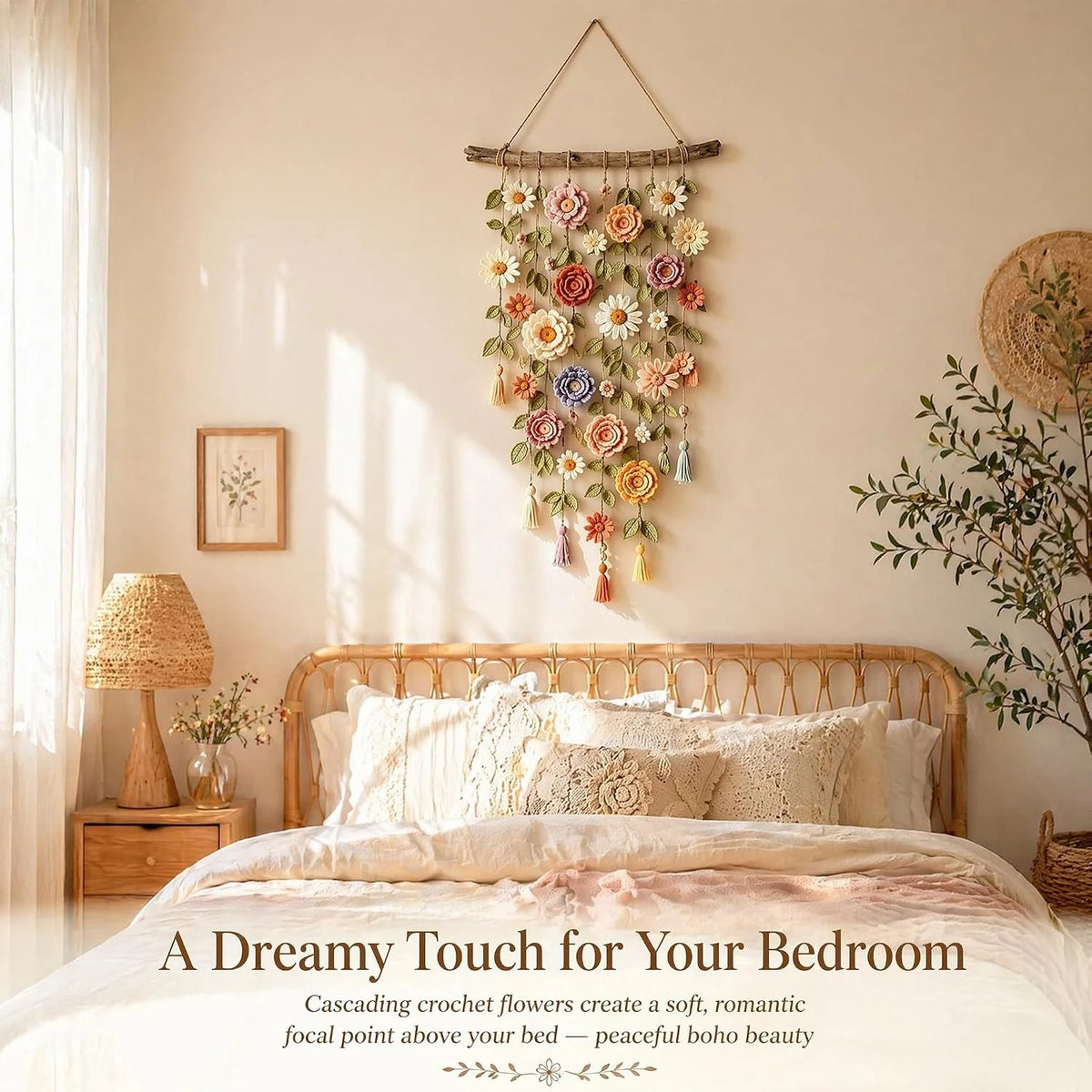 Boho Handmade Cotton Floral Crochet Macrame Hanging Decoration for Wall Indoors Or Porch Natural Linen Look Mellow Ambiance