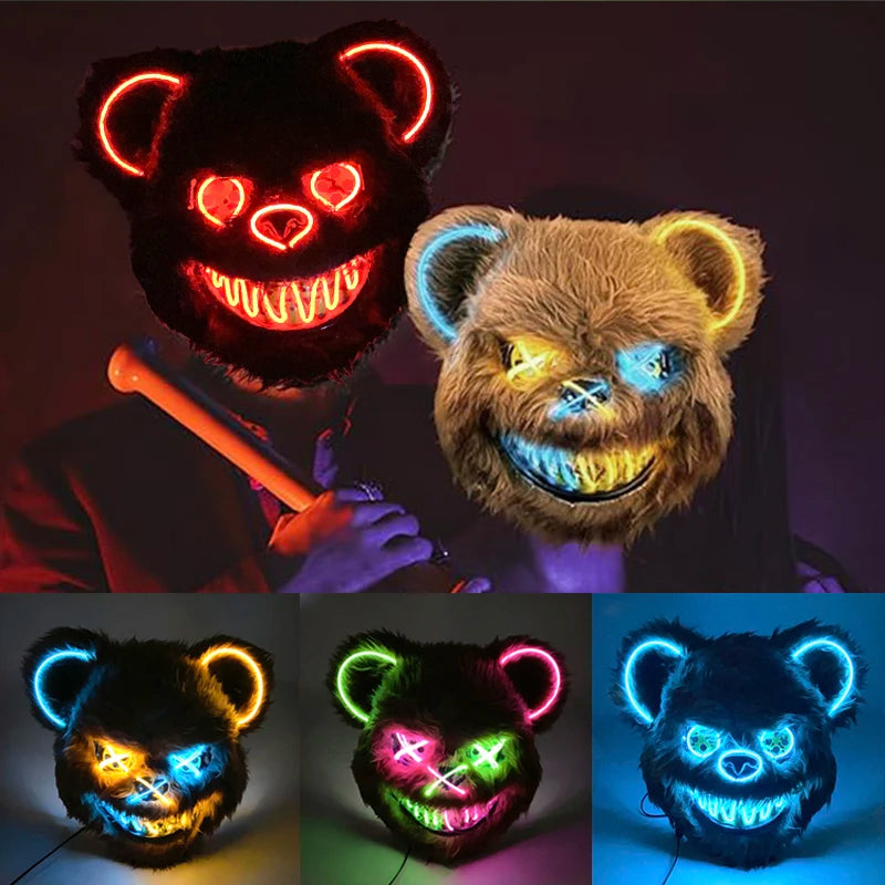 Halloween Horror Light Up Mask Glowing Bloody Bear Killer Mask Flashing Neon Scary Bear Mask for Cosplay Mask Purim Props