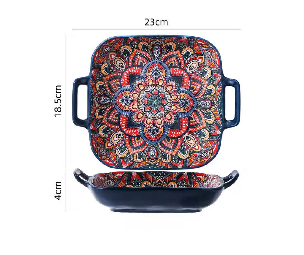 Bohemian Double Ear Square Ceramic Plate Creative Household Dish Plate Net Red Fruit Spaghetti Plate Oven Microwave Oven-9inch