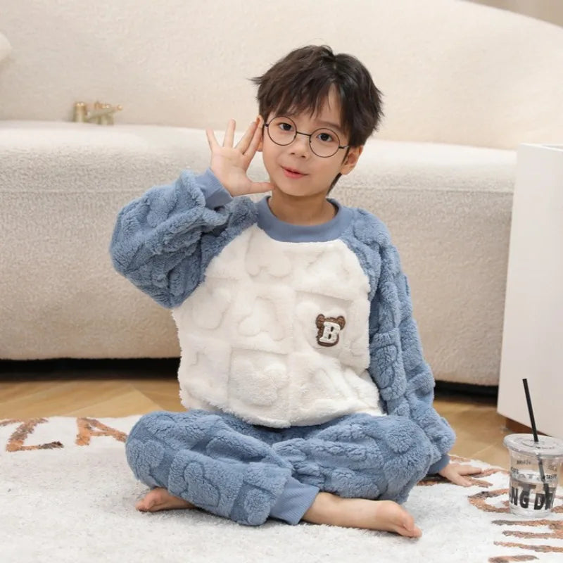 Kids Pajamas for Boys 1 2 3 4 5 6 7 8 9 10 11 12 Years Flannel Sleepwear Set Bear Pyjamas Blue Children Pijamas Clothing