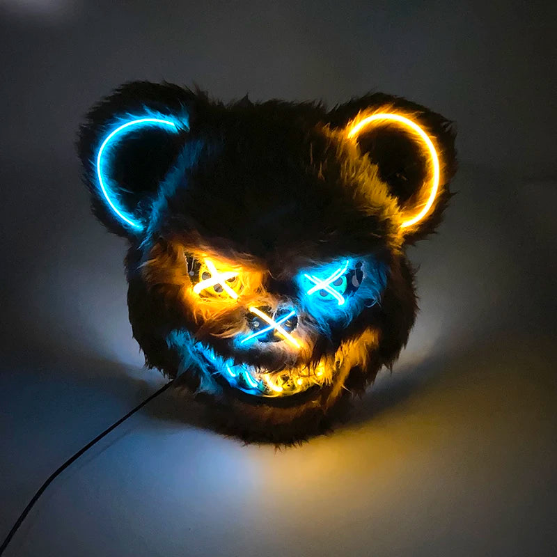 Halloween Horror Light Up Mask Glowing Bloody Bear Killer Mask Flashing Neon Scary Bear Mask for Cosplay Mask Purim Props