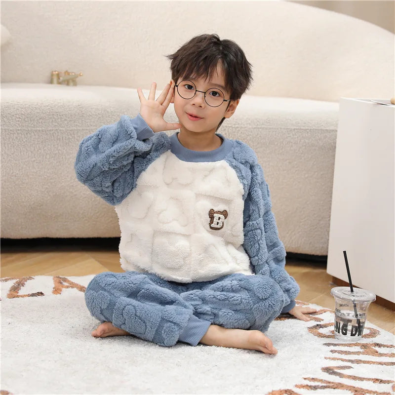 Kids Pajamas for Boys 1 2 3 4 5 6 7 8 9 10 11 12 Years Flannel Sleepwear Set Bear Pyjamas Blue Children Pijamas Clothing