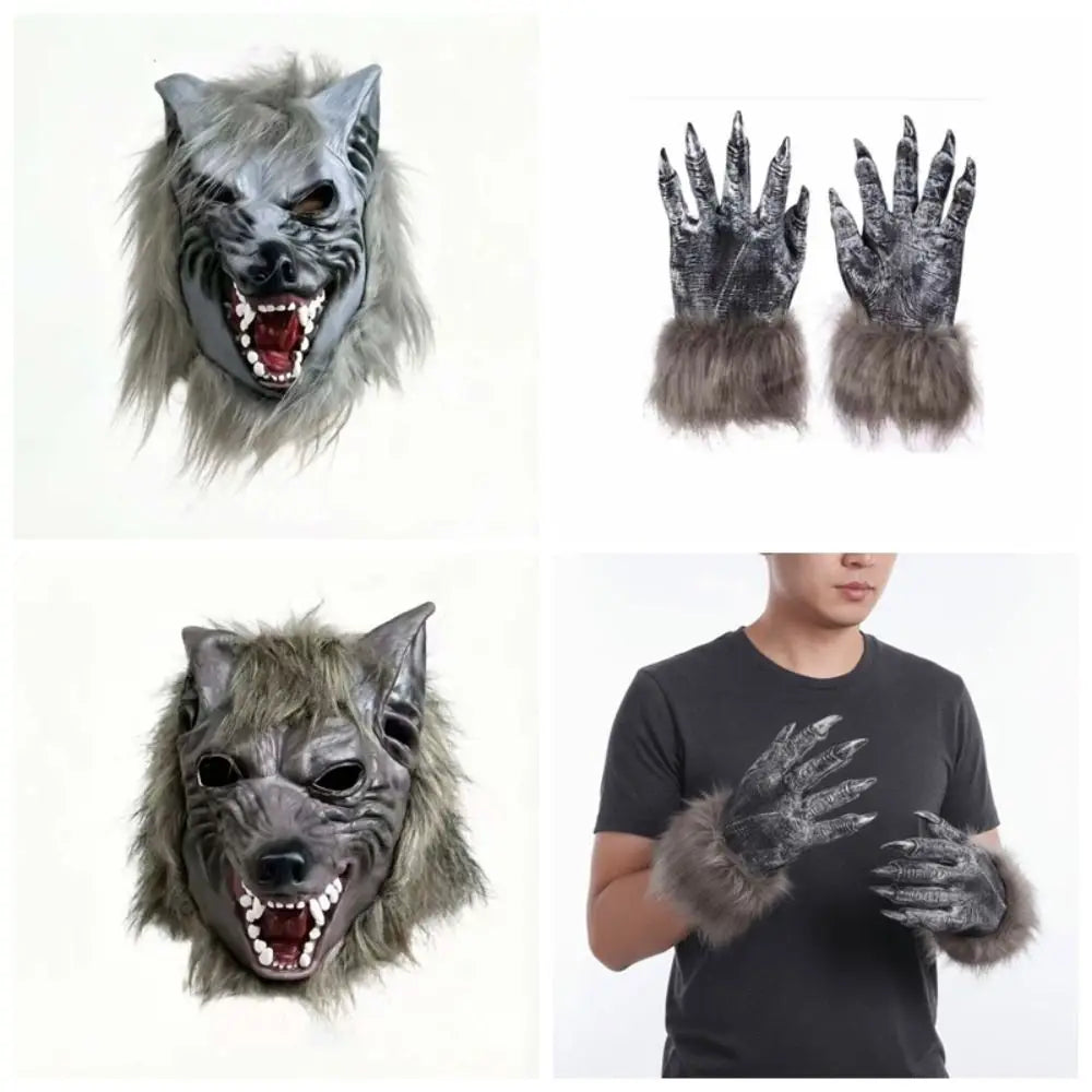 Latex Werewolf Mask Realistic Faux-fur Scary Wolf Headwear Odorless Textured Furry Monster Claws Halloween Party