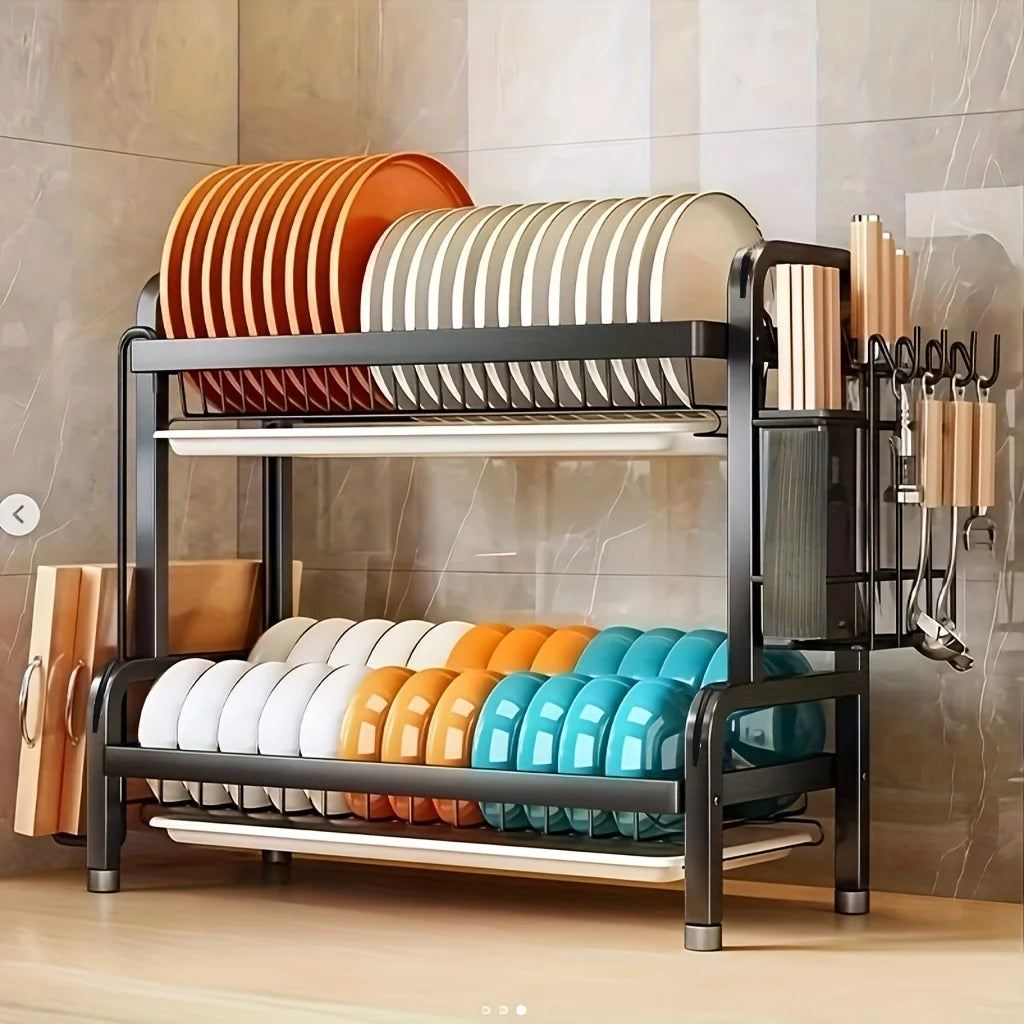 2-3 Tier Steel Dish Drying Rack with Drainage System – Kitchen Storage Organizer for Plates & Utensils