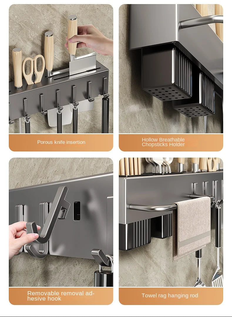 Wall-Mounted Kitchen Storage Rack – Steel Organizer for Knives, Chopsticks & Utensils