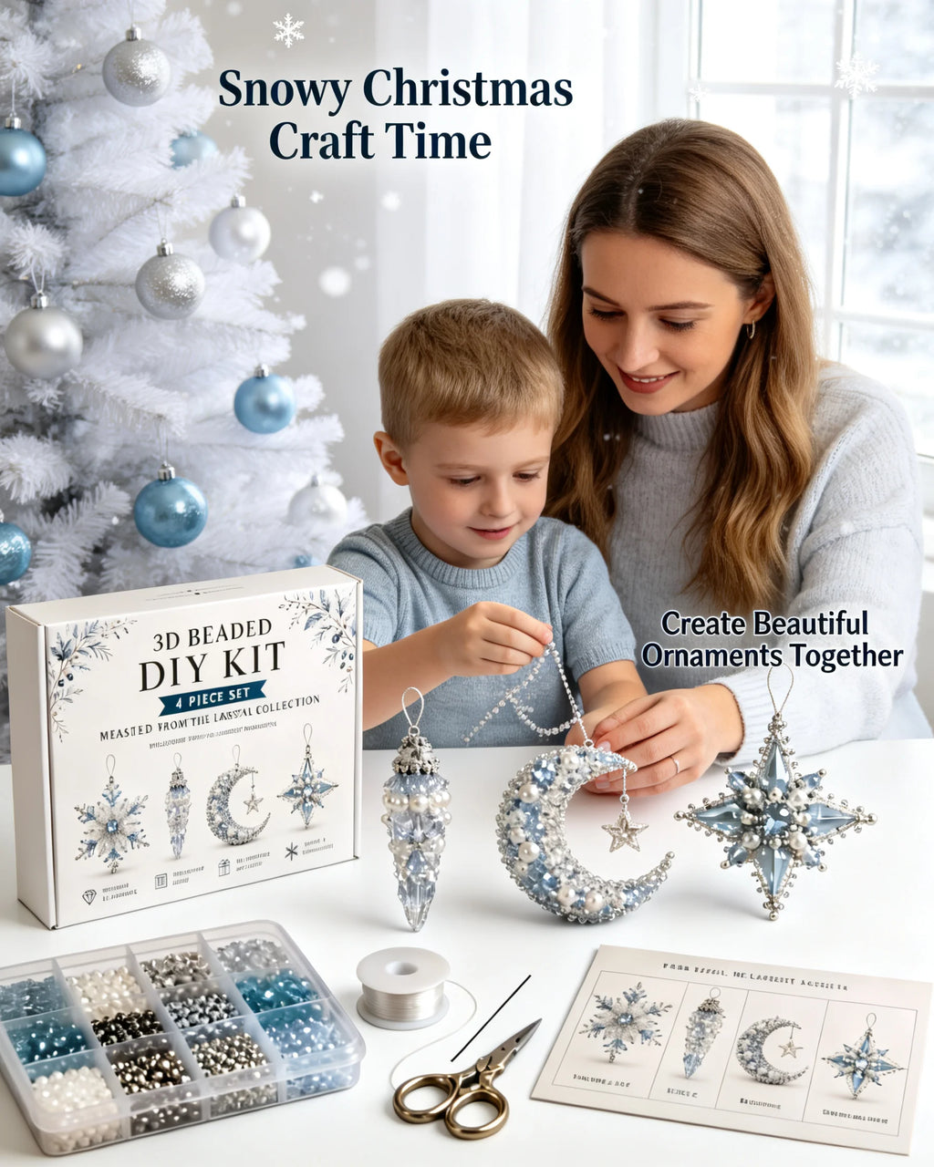 4-piece Christmas bead decoration DIY set, snowflake shaped decoration suitable for adults as Christmas party decoration or gift