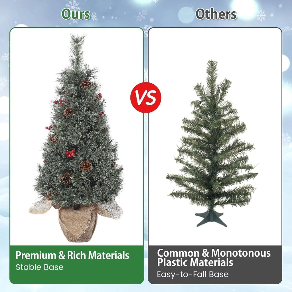 3ft Artificial Christmas Tree Pre Lit with 78 LED Lights Snow Flocked Mini Xmas Tree Tabletop Potted Tree with Burlap Base Red Berries Pine Cones for Home Office Holiday Decor