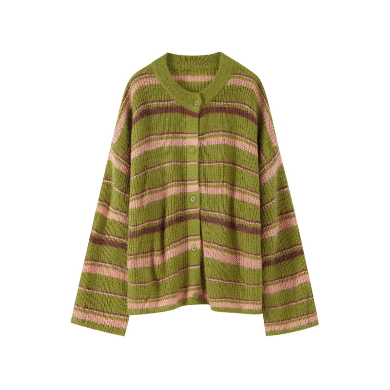 Casual Striped Women's Cardigan 2026 Autumn Loose Contrast Single Breasted O-neck Long Sleeve Knitted Female Fashion Sweater