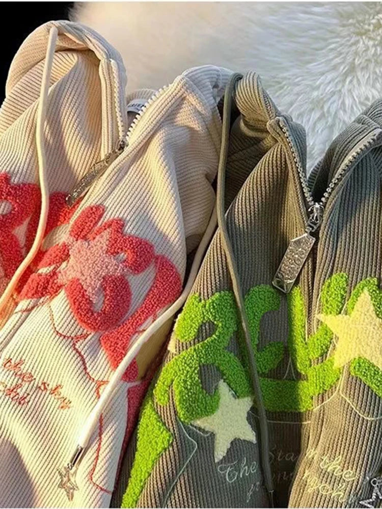 Women's Embroidered Zip-Up Hoodie Loose Fit Casual Jacket