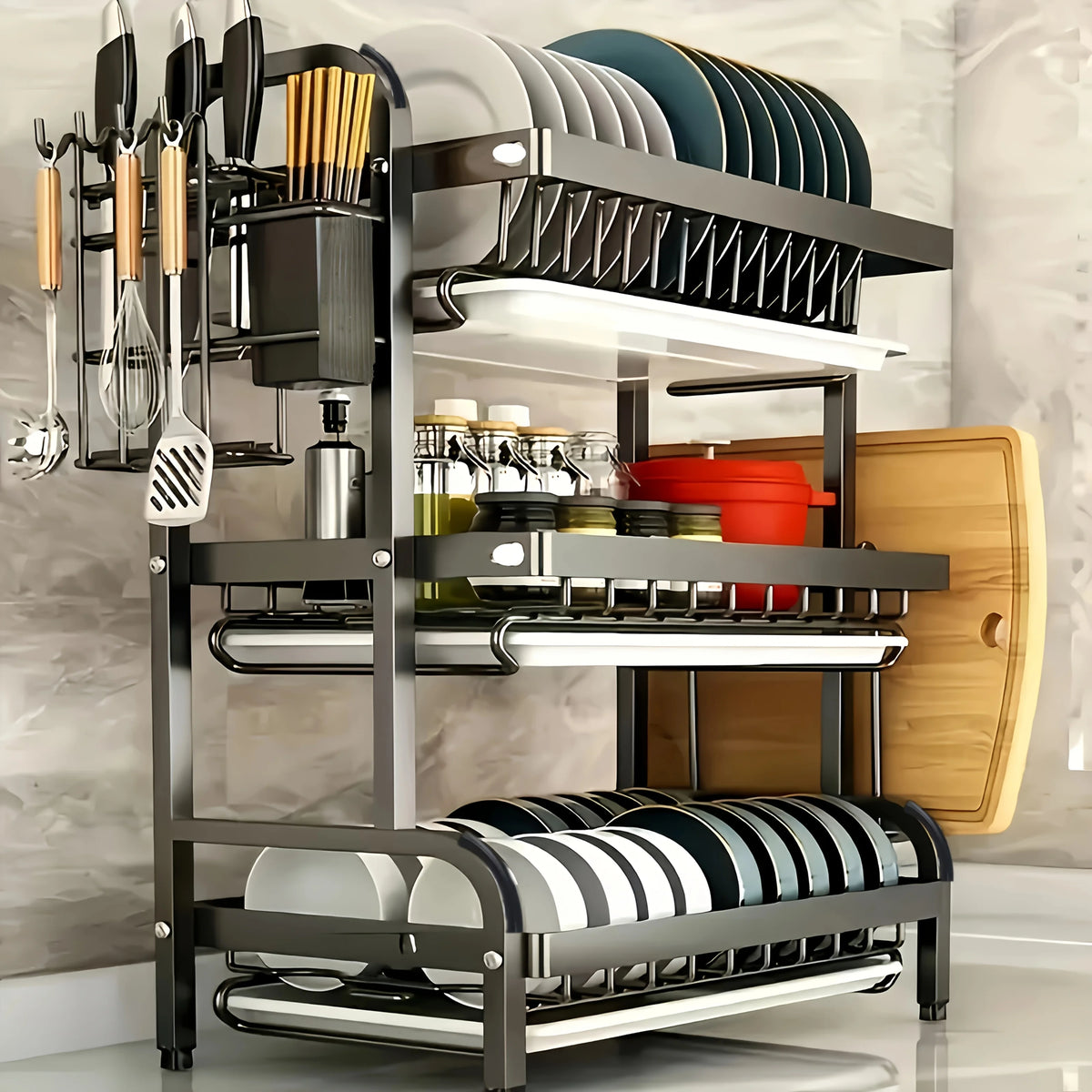 2-3 Tier Steel Dish Drying Rack with Drainage System – Kitchen Storage Organizer for Plates & Utensils