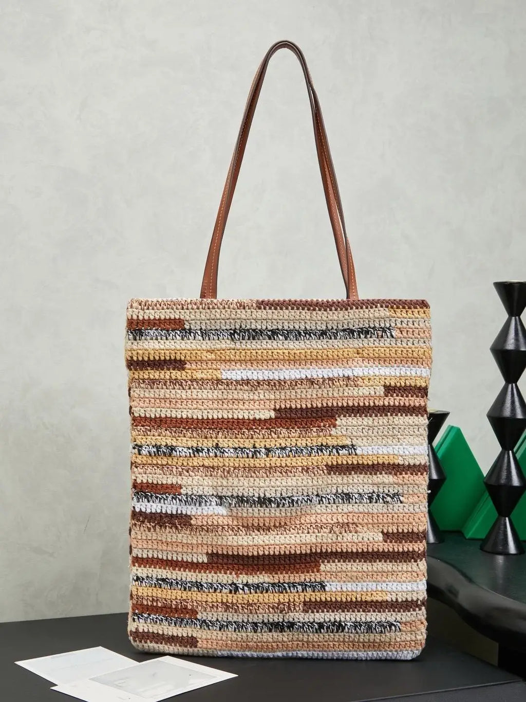 2026 Summer New Colorful Striped Yarn Handwoven Bag, Large Capacity Crochet Tote Shoulder Bag for Women Travel Beach Casual Shop