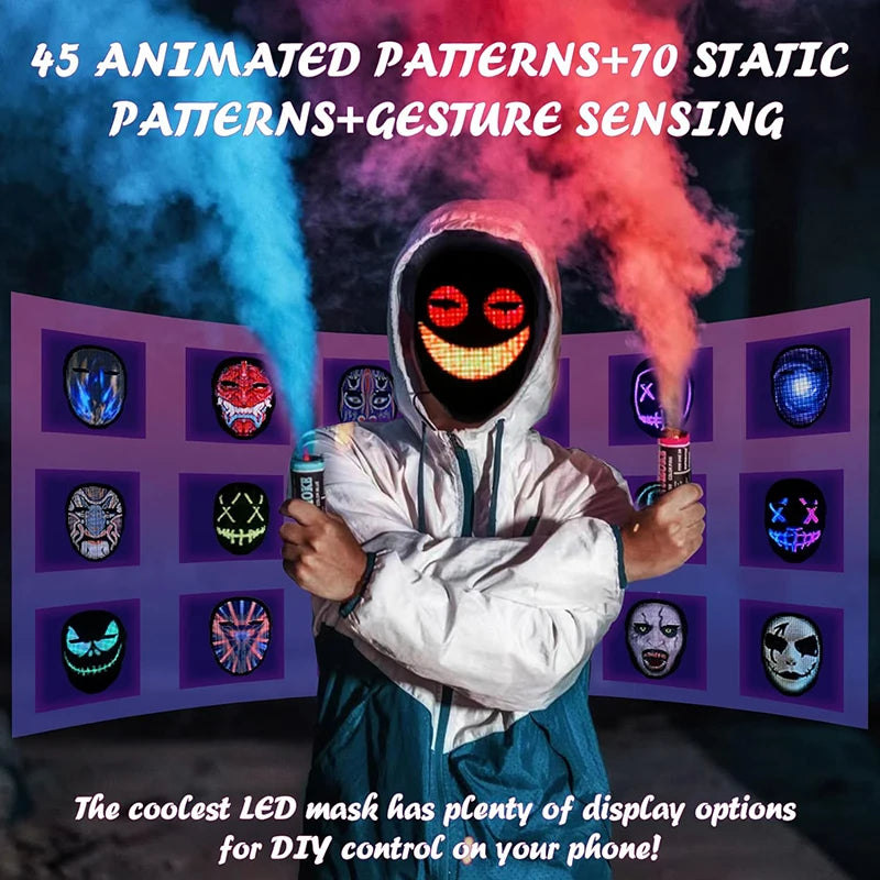 Led Mask with Bluetooth App Control Programmable Face Transforming Light up Halloween Led Mask