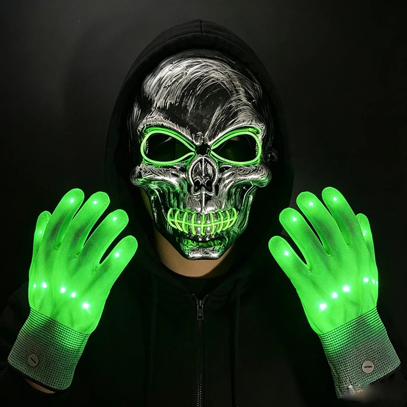 Halloween LED Skull Mask with Light Up Gloves EL Wire Glowing Skeleton Mask Lighted Flashing LED Gloves Set for Cosplay Party