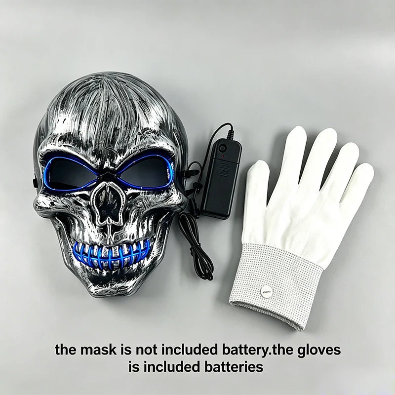 Halloween LED Skull Mask with Light Up Gloves EL Wire Glowing Skeleton Mask Lighted Flashing LED Gloves Set for Cosplay Party