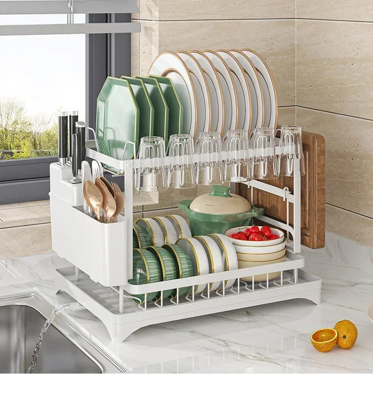 2-Tier Stainless Steel Dish Drying Rack with Drainboard – Rustproof Kitchen Counter Organizer