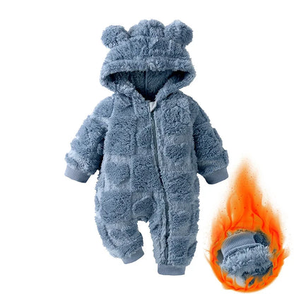 Cartoon Baby Clothes Boy Romper Long Sleeve Arctic Velvet Hooded Baby Girl Romper Winter Warm  Newborn Clothes 0-18 Months