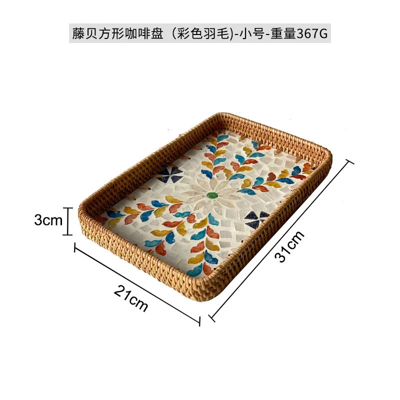 Natural Handwoven Rattan Shell Tray for Home Kitchen Decorative Storage Serving