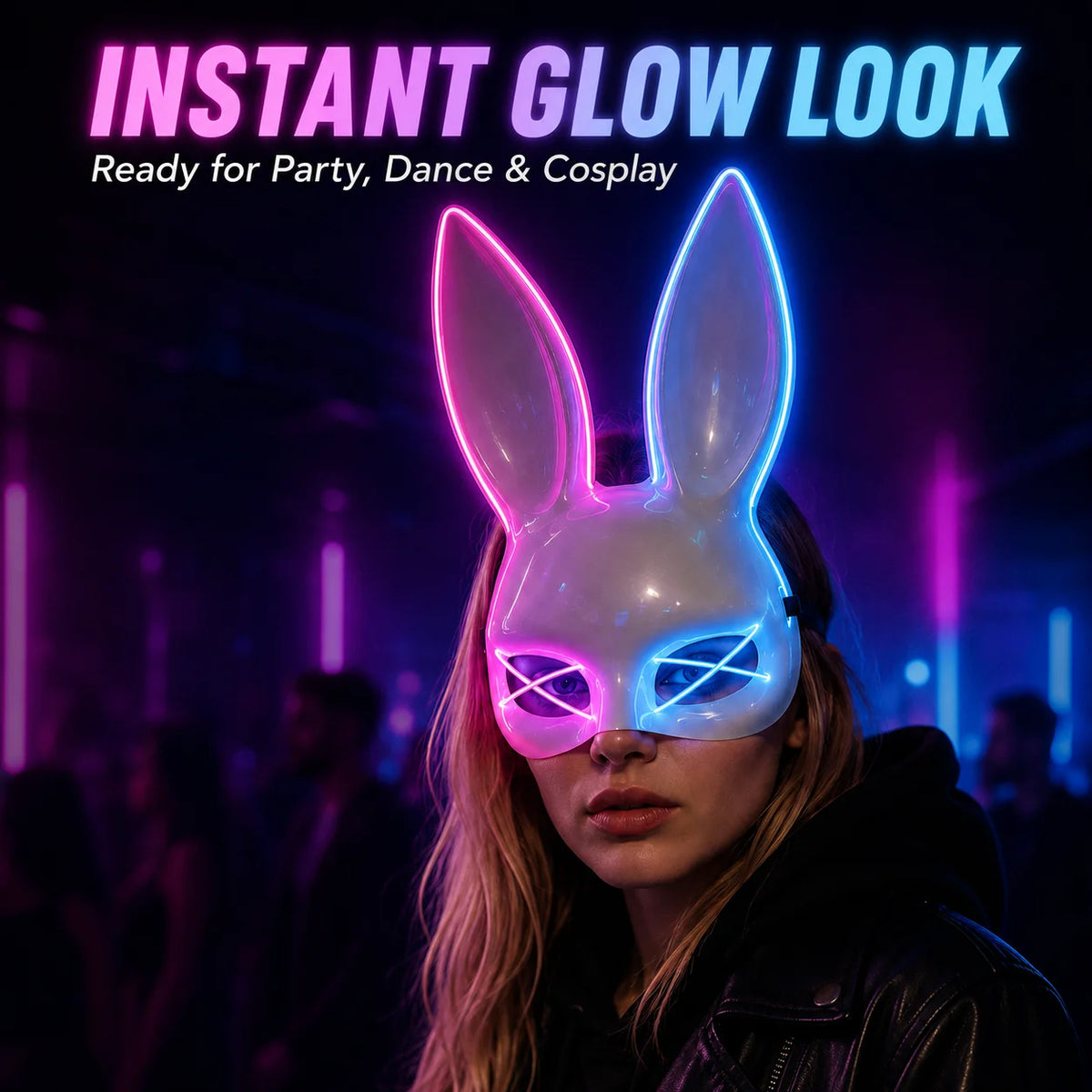 Light Up Rabbit Ear Mask, LED Bunny Mask for Party Dance Festival Halloween Costume Props