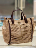 Summer 2026 Large Tote Straw Woven Handbag with Leather Accessories Single Shoulder Hollow Weaving Vacation Style Bag