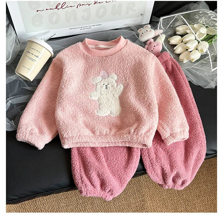Children's Sets Girls Winter Pajama Set Cute Cartoon Print Thick Warm Toddler Fleece-Lined Sleepwear Kids Home Clothes