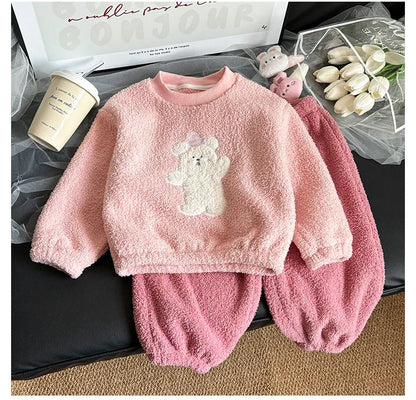 Children's Sets Girls Winter Pajama Set Cute Cartoon Print Thick Warm Toddler Fleece-Lined Sleepwear Kids Home Clothes