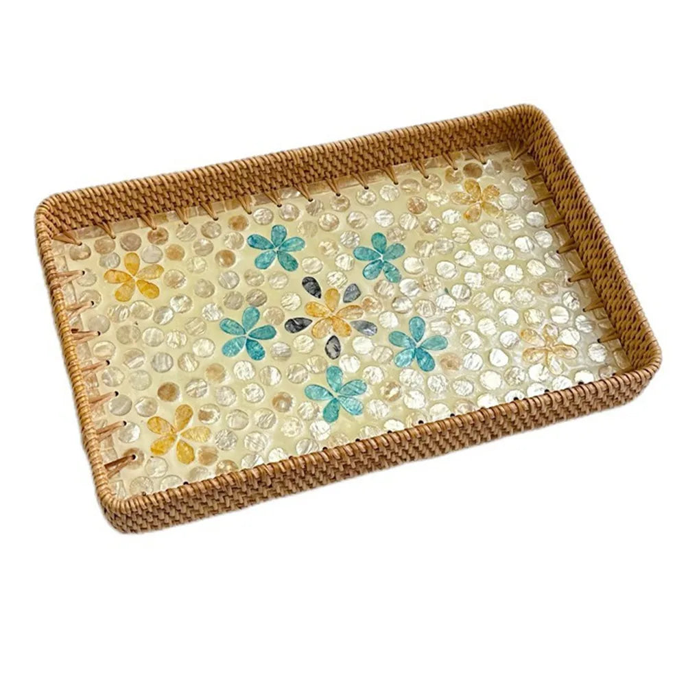 Hand Woven Splicing Shell Rattan Basket Rattan Weaving Colorful Weaving Fruit Basket Household Decorative Rattan Shell Tray