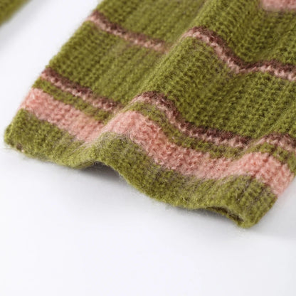 Casual Striped Women's Cardigan 2026 Autumn Loose Contrast Single Breasted O-neck Long Sleeve Knitted Female Fashion Sweater