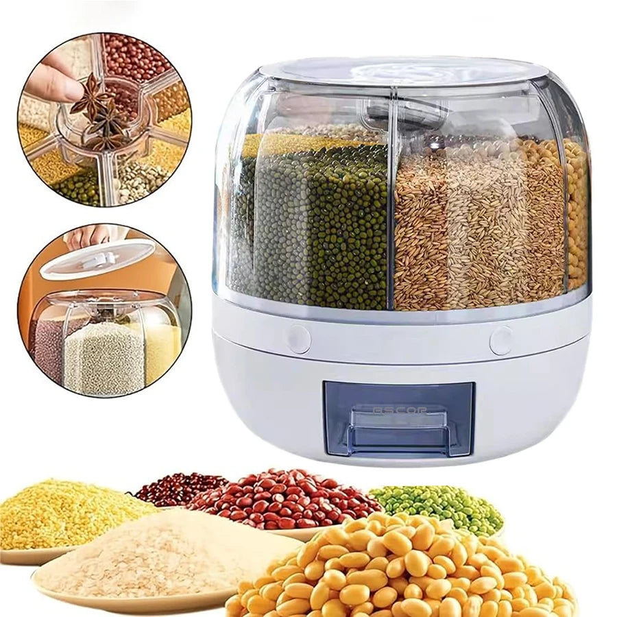 6-Grid Rotating Grain Dispenser – Airtight Food Storage Container for Rice, Cereal & Dry Grains