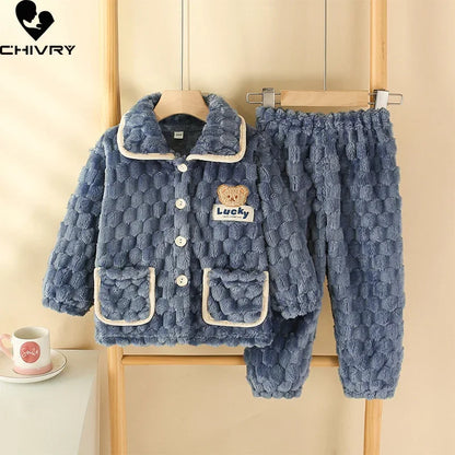 New Kids Boys Girls Autumn Winter Flannel Thicken Pajamas Baby Cartoon Long Sleeve Lapel Tops with Pants Sleeping Clothing Sets