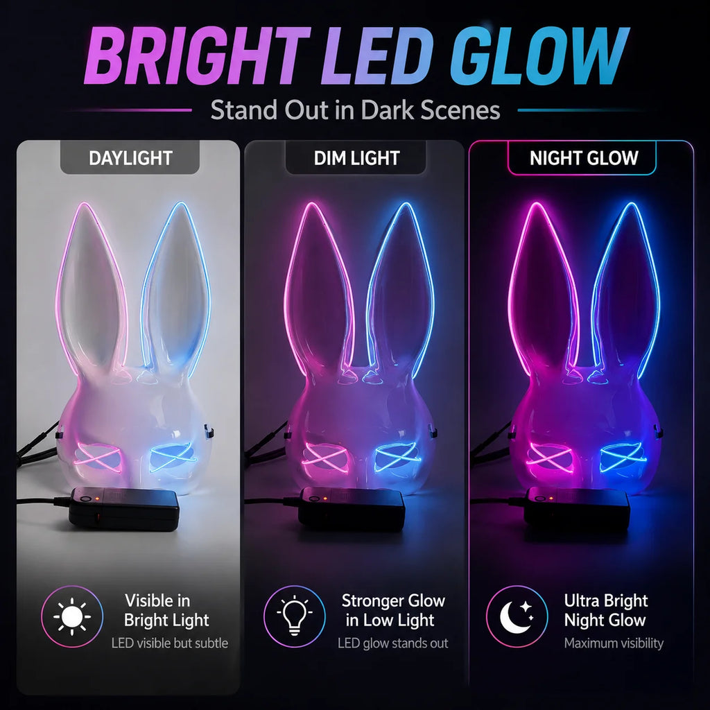 Light Up Rabbit Ear Mask, LED Bunny Mask for Party Dance Festival Halloween Costume Props