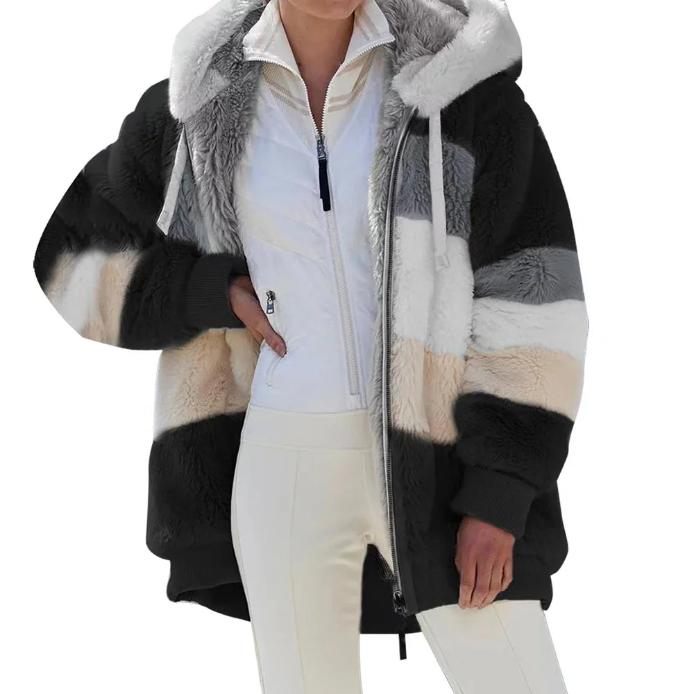 Oversized Jacket for Women Coat 2025 Autumn Winter Warm Plush Pocket Hooded Streetwear Loose Lady Zipper Cashmere Outerwear Coat