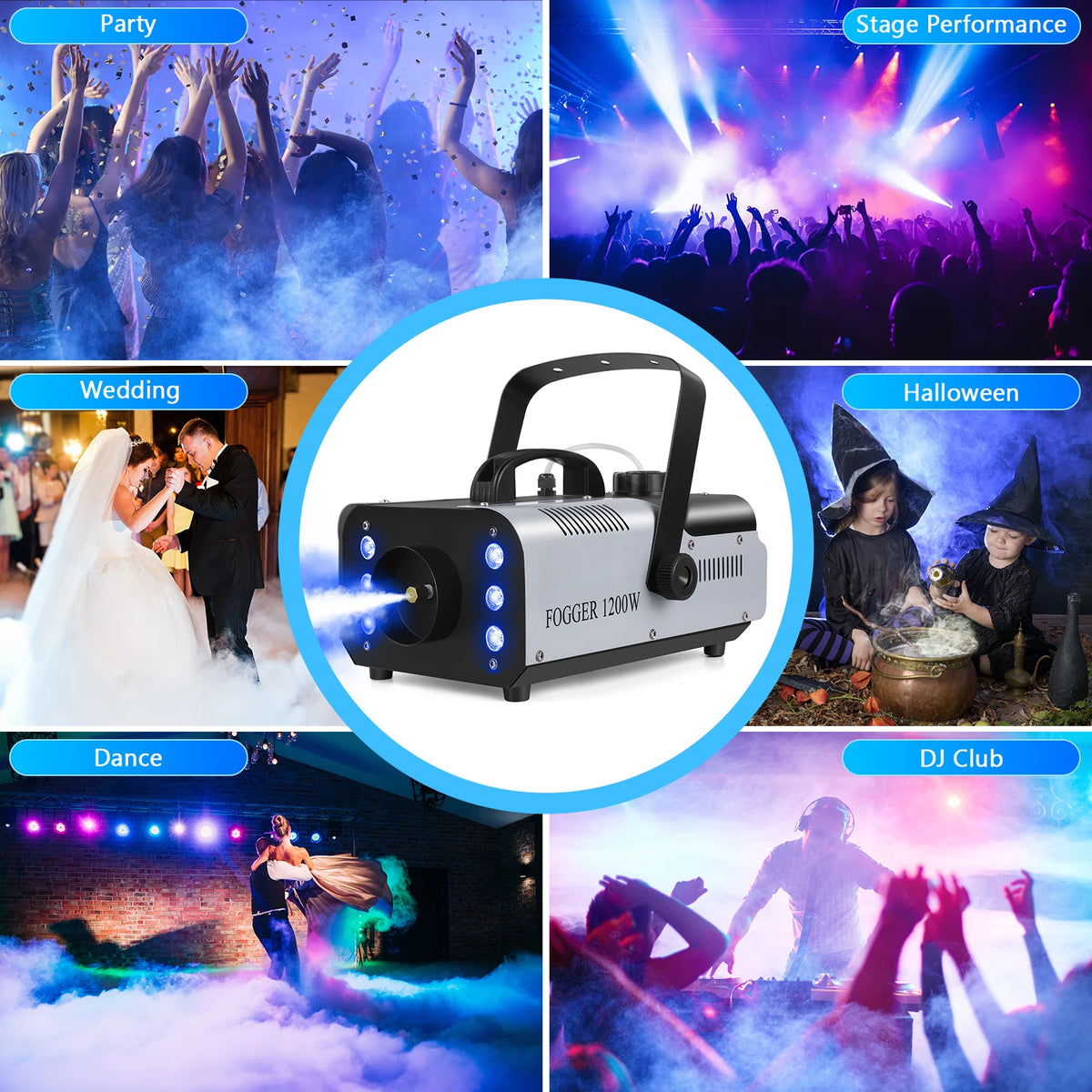 1200W Smoke Machine RGB 6LEDs Lighting Fog Machine Remote Control Stage Smoke Haze Generator for Disco Party Nightclub Wedding