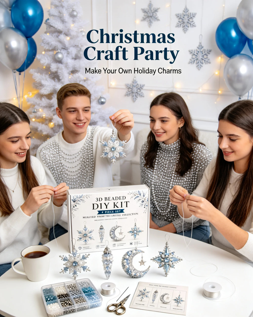 4-piece Christmas bead decoration DIY set, snowflake shaped decoration suitable for adults as Christmas party decoration or gift