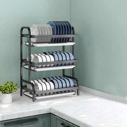 2-3 Tier Steel Dish Drying Rack with Drainage System – Kitchen Storage Organizer for Plates & Utensils