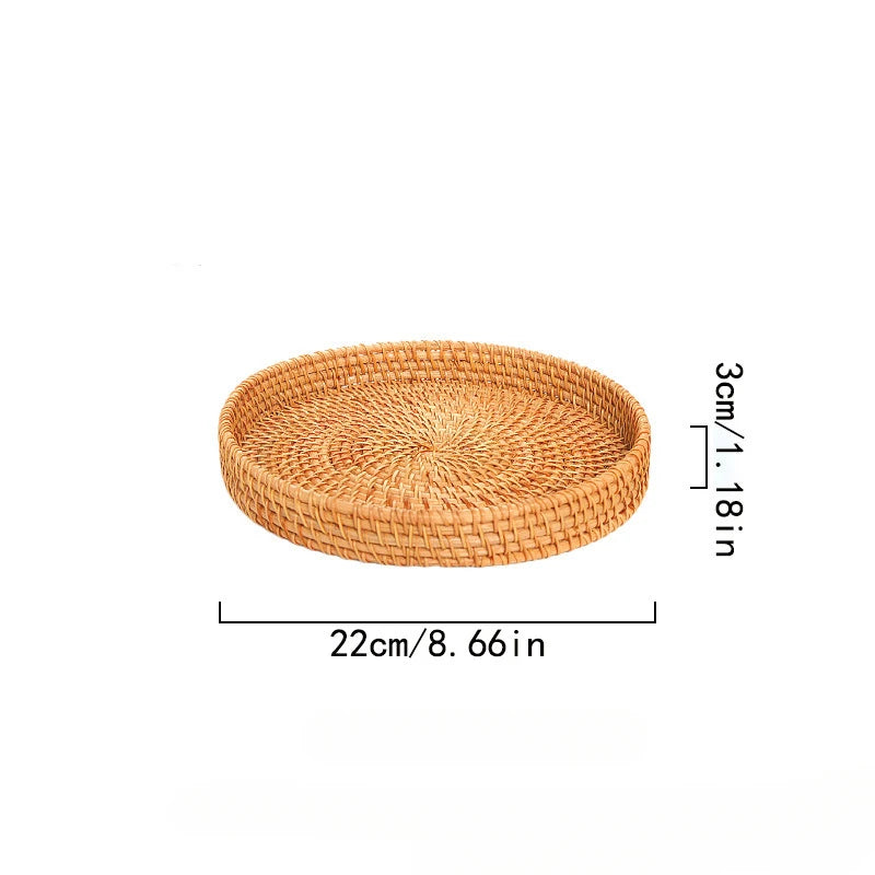 Hand-Woven Vietnam Rattan Round Tray Basket Japanese Style Bread Basket Steamed Bread Basket for Living Room Home Storage Fruit