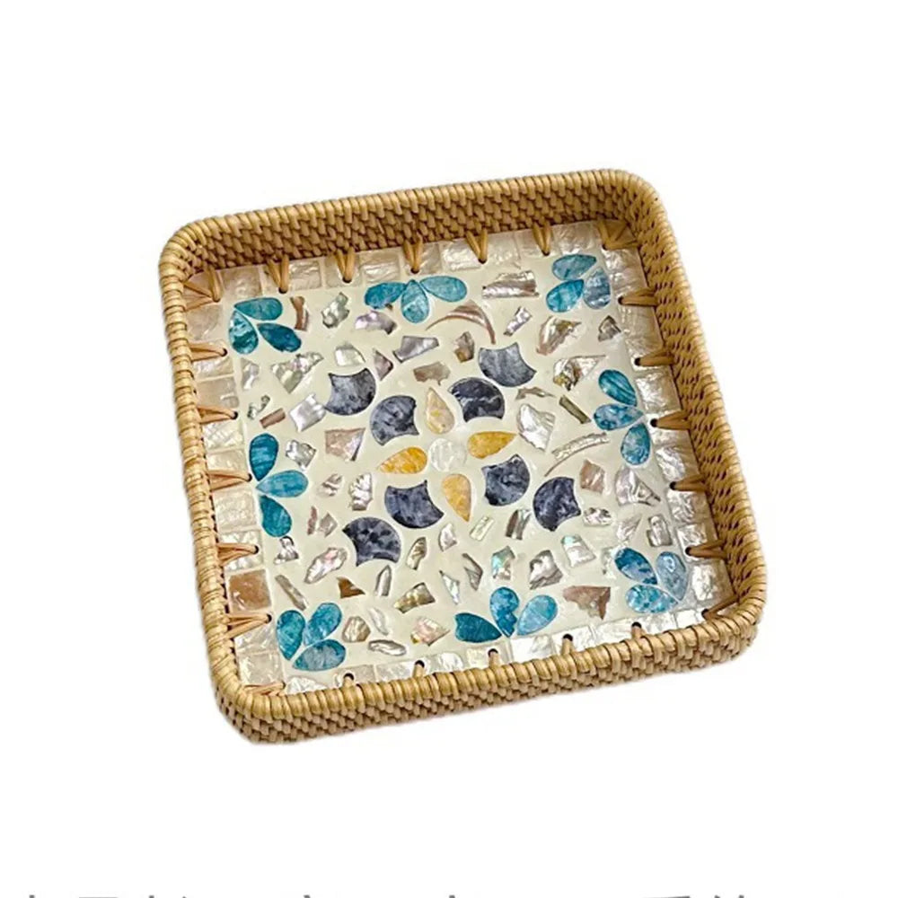 Hand Woven Splicing Shell Rattan Basket Rattan Weaving Colorful Weaving Fruit Basket Household Decorative Rattan Shell Tray