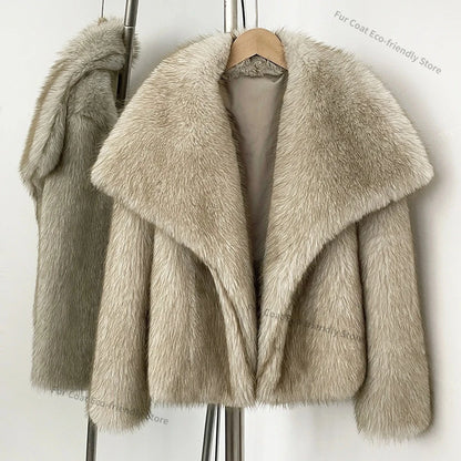 Womens Faux Fur Coat Cropped Soft Plush Artificial Short Fur Coat Holiday Party Elegant Winter Fashion Outerwear Coats for Women