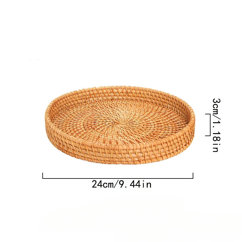 Hand-Woven Vietnam Rattan Round Tray Basket Japanese Style Bread Basket Steamed Bread Basket for Living Room Home Storage Fruit