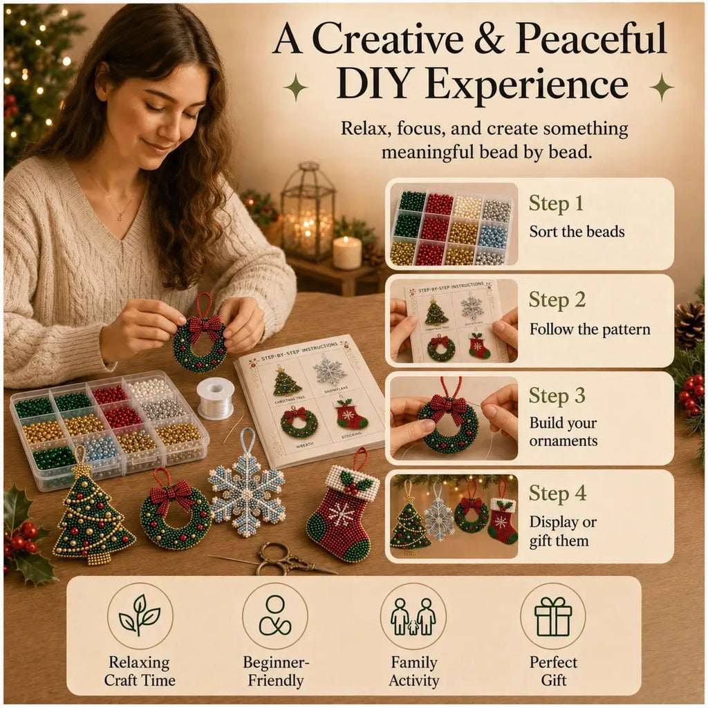 3D Beaded Christmas Tree Snowflake DIY Kit, 4PCs Handmade Craft DIY Beaded Christmas Tree Hanging Pendant New Year Gift