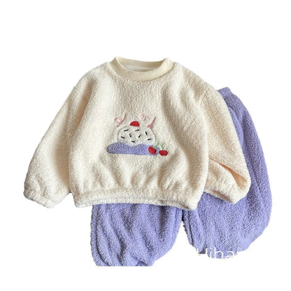 Children's Sets Girls Winter Pajama Set Cute Cartoon Print Thick Warm Toddler Fleece-Lined Sleepwear Kids Home Clothes