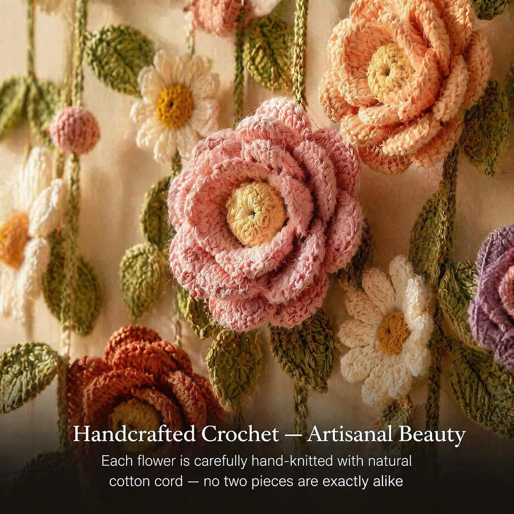 Boho Handmade Cotton Floral Crochet Macrame Hanging Decoration for Wall Indoors Or Porch Natural Linen Look Mellow Ambiance