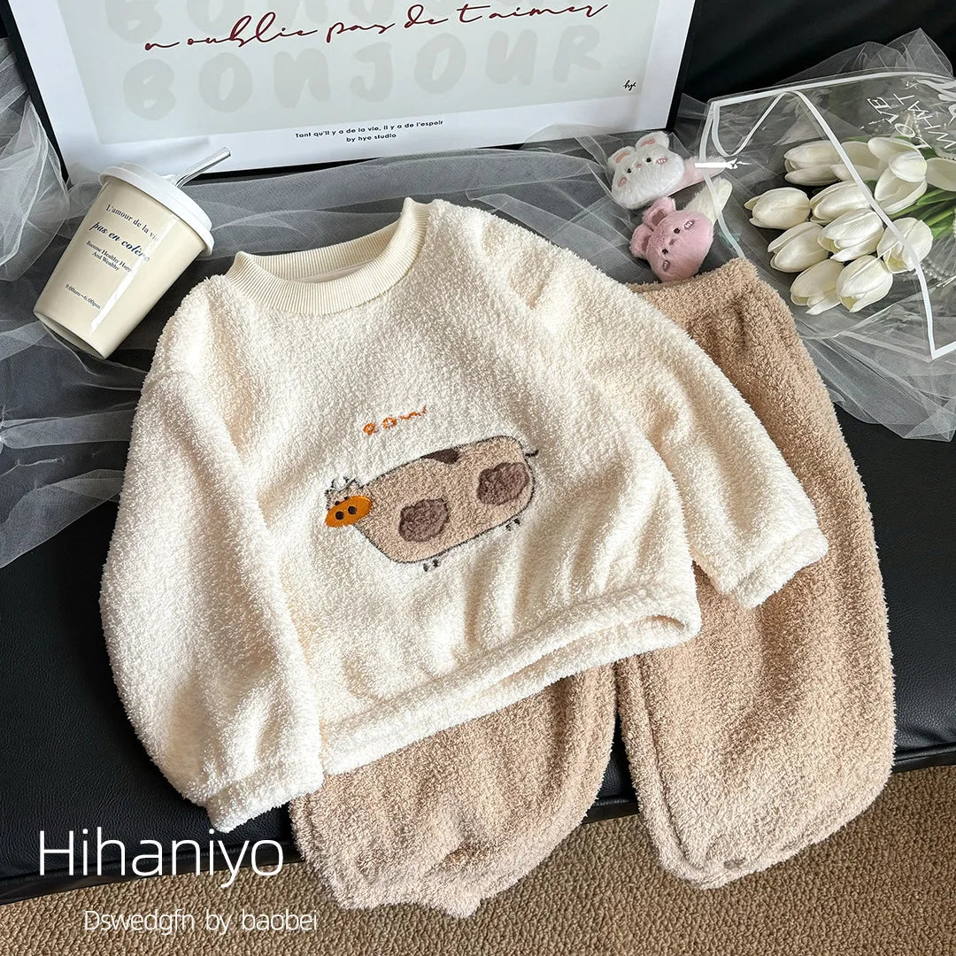 Children's Sets Girls Winter Pajama Set Cute Cartoon Print Thick Warm Toddler Fleece-Lined Sleepwear Kids Home Clothes
