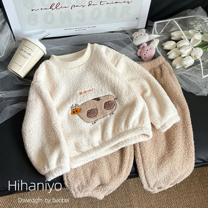 Children's Sets Girls Winter Pajama Set Cute Cartoon Print Thick Warm Toddler Fleece-Lined Sleepwear Kids Home Clothes